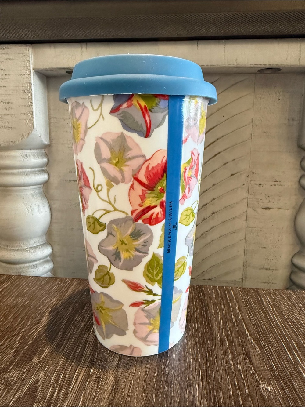 Mackenzie-Child’s Morning Glory Travel Cup with Sky Blue Lid - Picture 1 of 2